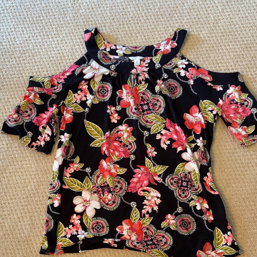 Floral Cold Shoulder Blouse - Black and Red